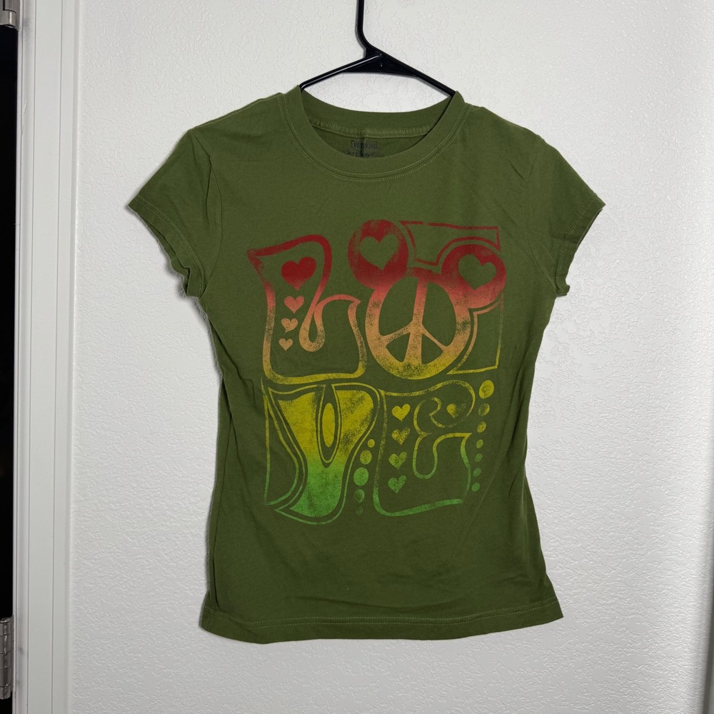 Disney Parks T-Shirt Womens XS Green Love Peace Mickey Organic Cotton Graphic
